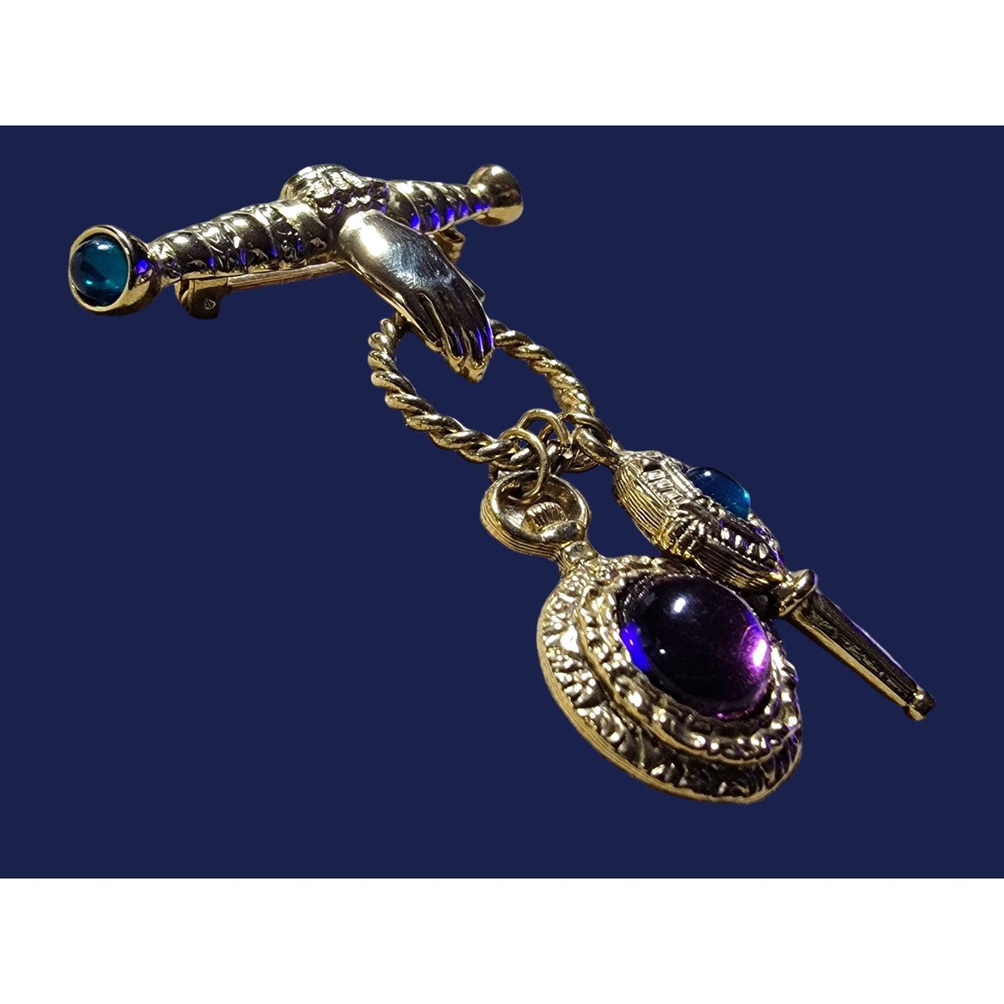 1990s Gold Toned Brooch Pin Hand Holding Ring of Dangling Jewels Costume Jewelry FREE SHIPPING
