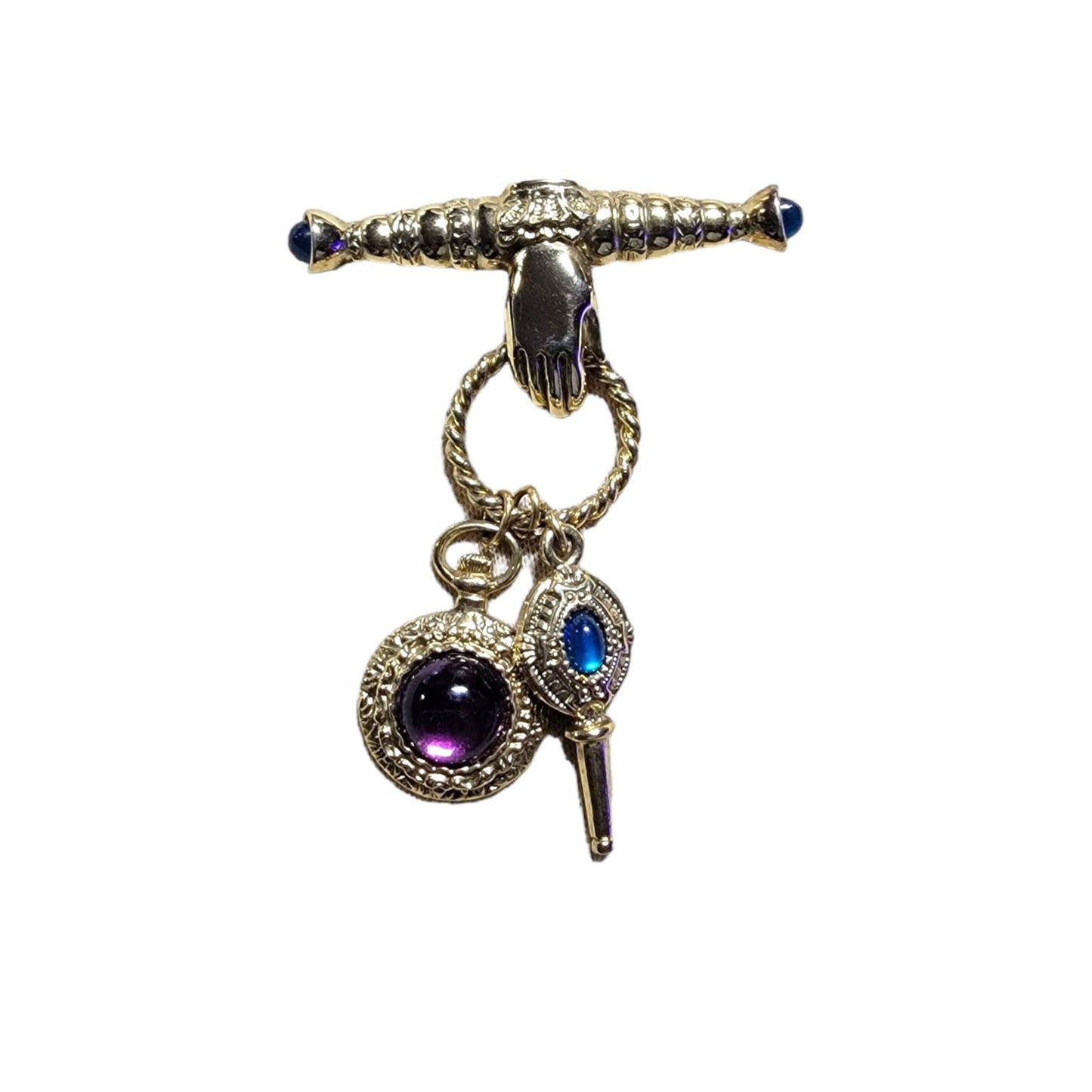 1990s Gold Toned Brooch Pin Hand Holding Ring of Dangling Jewels Costume Jewelry FREE SHIPPING