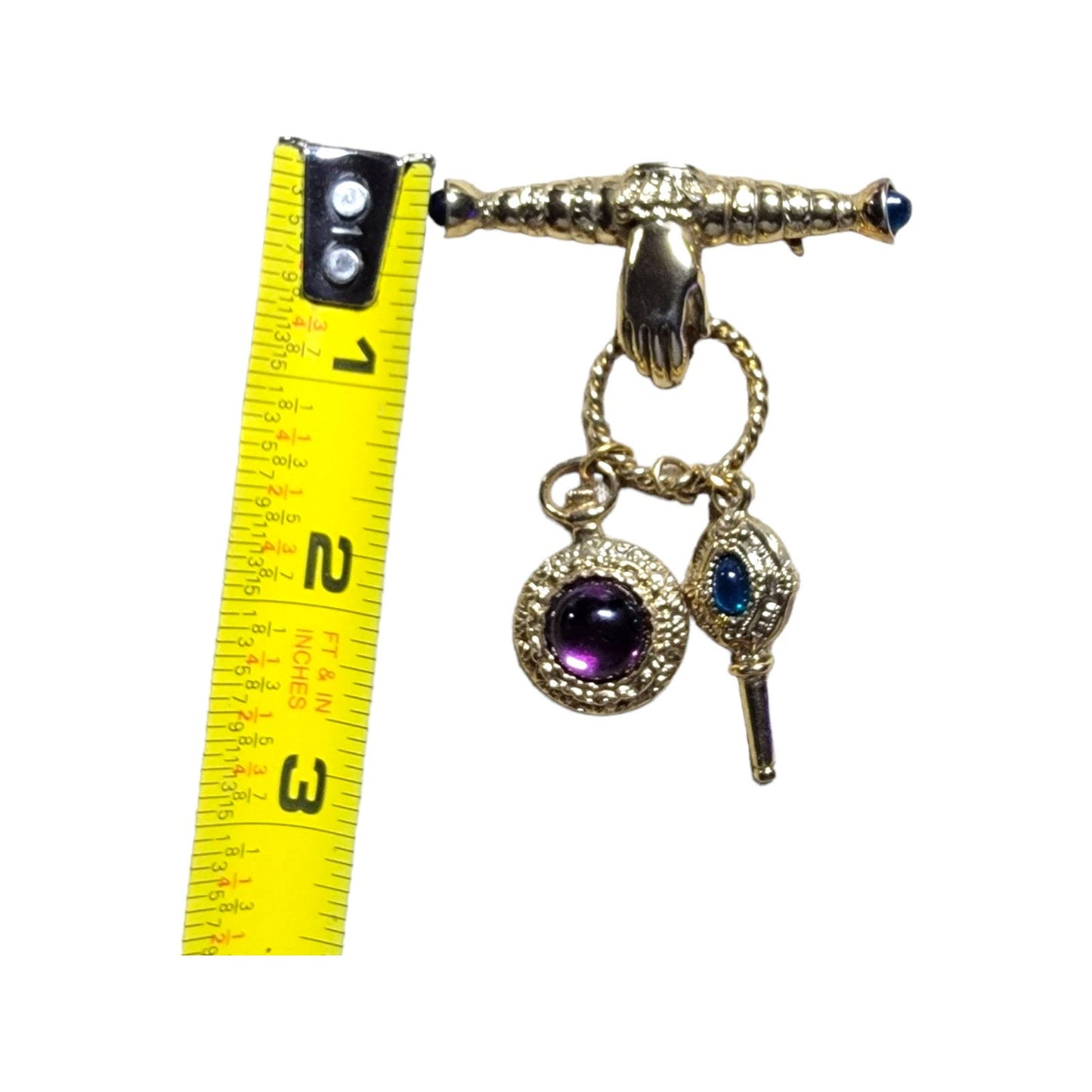 1990s Gold Toned Brooch Pin Hand Holding Ring of Dangling Jewels Costume Jewelry FREE SHIPPING