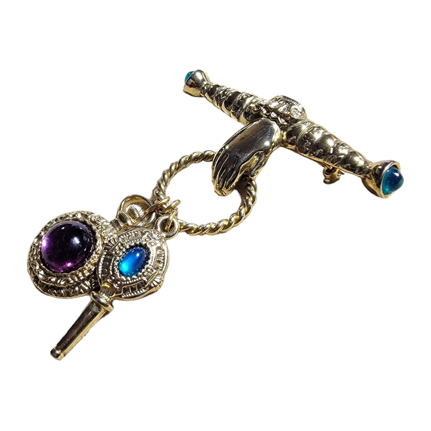 1990s Gold Toned Brooch Pin Hand Holding Ring of Dangling Jewels Costume Jewelry FREE SHIPPING