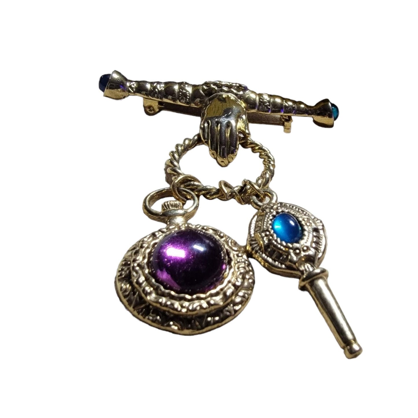 1990s Gold Toned Brooch Pin Hand Holding Ring of Dangling Jewels Costume Jewelry FREE SHIPPING