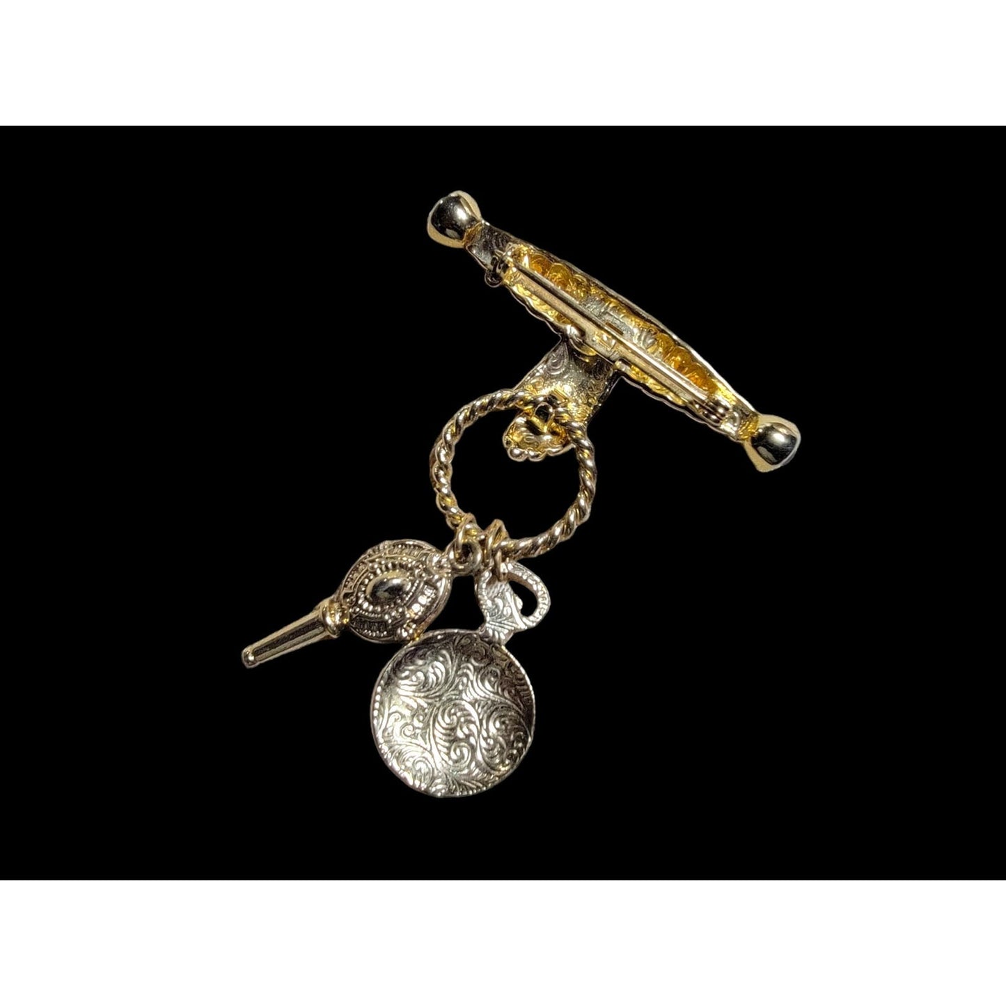 1990s Gold Toned Brooch Pin Hand Holding Ring of Dangling Jewels Costume Jewelry FREE SHIPPING