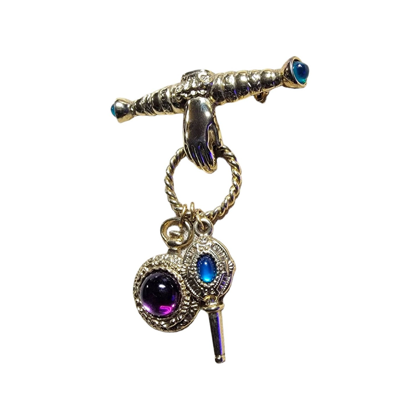 1990s Gold Toned Brooch Pin Hand Holding Ring of Dangling Jewels Costume Jewelry FREE SHIPPING